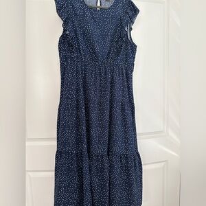 SHEIN Navy Blue Polka Dot Sleeveless Tiered Maxi Dress
